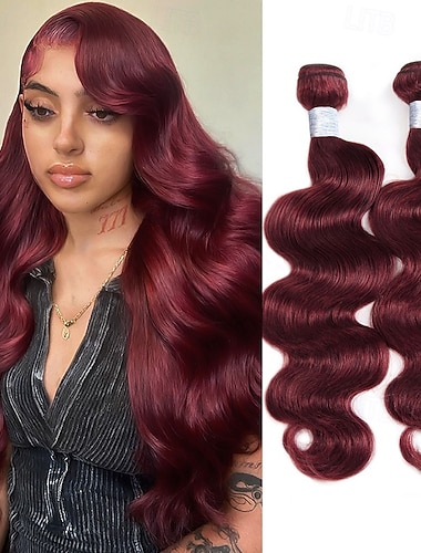  99j# bordeauxrode body wave haarextensies van echt haar, 2 bundels, 12-28 inch