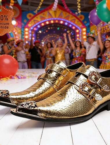  Mocassins Masculinos para Mardi Gras com Estampa de Cobra Dourada e Fivelas Duplas – Sapatos de Luxo 100% em Couro de Vaca Premium com Acabamento Dourado Brilhante Perfeitos para Carnaval Festas