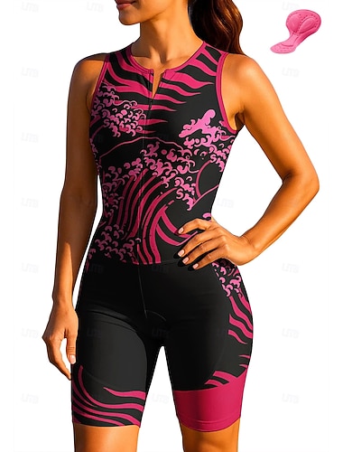  Naisten Pyöräily jersey Triathlon Tri -puku Alamäkeen Jersey Hihaton Kesä Kevät Syksy Ruusunpunainen + musta Geometrinen Linjat / aallot Kurvi Pyörä Aurinkovoide UV-vastustuskykyinen 3D alusta