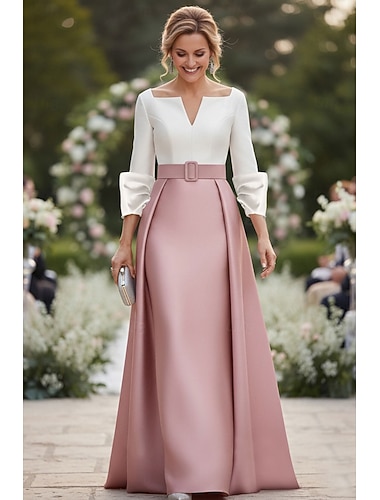  Ligne A Fourreau Colonne Longueur au sol Robe d'invité de mariage Robe de Cérémonie Robe de soirée Robe de Mère de Mariée  Manche 3/4 Col en V Élégant Formel robe demoiselle d honneur Semi-Formel