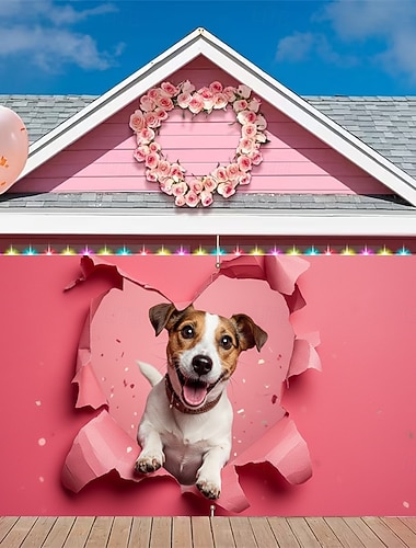  Garagentorabdeckung zum Valentinstag, 2D-Flachdruck mit niedlichem Hund, der durch eine rosa Wand bricht, bezaubernde Feiertagsdekoration, perfekt für Schaufenster oder Zuhause, Garagendekoration zum
