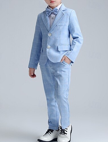  Terno de 4 peças para pajem, conjunto infantil para meninos com blazer. & calça  &camisas &Terno formal infantil com gravata, estilo casual para festas ao ar livre, moderno e descolado, xadrez,