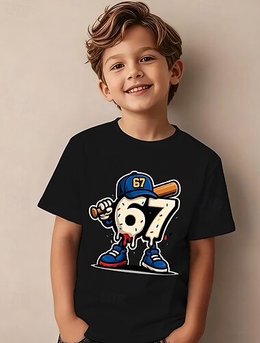  Katoen Kinderen Jongens Zwart Wit Grafisch Grappige Slang 67 T-shirt Blouse Strakke ronde hals Korte mouw Buiten Dagelijks gebruik Modieus Streetwear Ontwerper Opdrukken Zomer