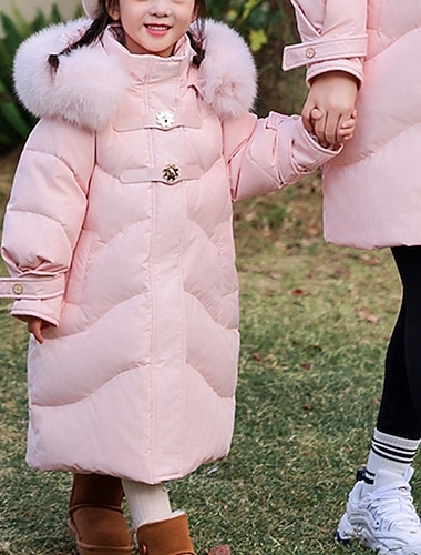  Bambini Ragazze Giacca in piuma Giacca Imbottita Tinta unica Sport Bordo in pelliccia Tasca Tenere al caldo Antivento All'aperto Cappotto Capispalla 4-12 Anni Inverno Nero Bianco Rosa