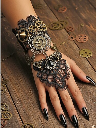  Kvinne Mardi Gras Steampunk viktorianske blondefingerløse hansker armbånd - Legering klokke og tannhjul tilbehør karneval og Halloween kostyme