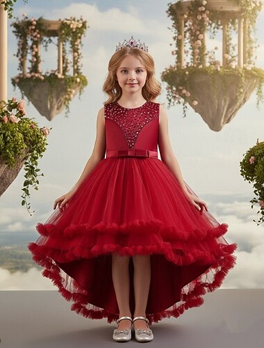  Bloemenmeisjesjurk, communiejurk, formele jurk voor meisjes, trouwkleding, feestkleding, formele mode voor bruiloften, schattige patchwork, mesh, effen kleur, mouwloos, ronde hals, geel, roze, 4 jaar