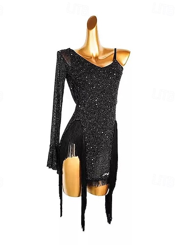  Lateinamerikanischer Tanz Kleid Quaste Pailletten Damen Training Leistung Langarm Hoch Spandex Polyester