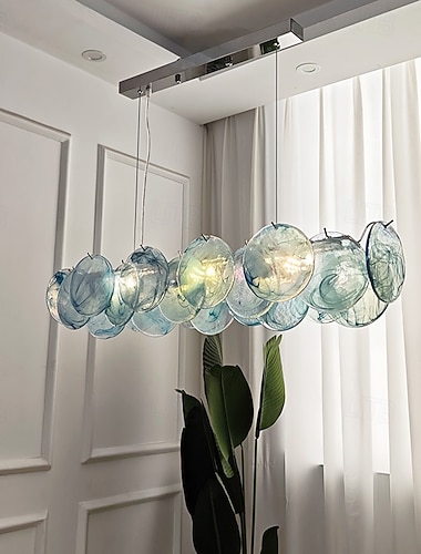  Lustre artisanal à 6 niveaux en verre nuageux tourbillonnant aux tons clairs, fait main.