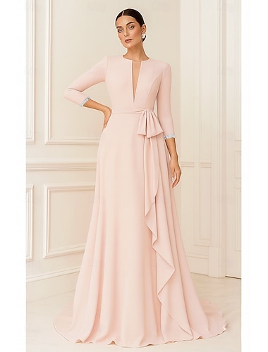  גזרת A עד הריצפה שמלות ערב אלגנטית שרוול 4\3 צווארון V חתונה רשמי קרפ מתיחה עם קפלים