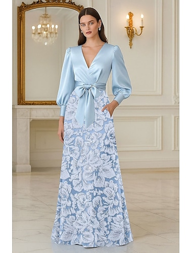  Linea ad A Lunghezza al pavimento Perline ricamate Abito Formale Abito da madre della sposa Abito da Sera Da principessa Abito formale Elegante Scintillante Setoso Manica Lunga Scollo a V Matrimonio