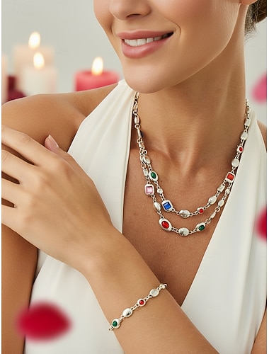  Conjunto feminino de colar e pulseira com pedras preciosas multicoloridas - joias elegantes em tons dourados para looks da moda, festas e estilo chique do dia a dia.