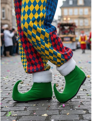  Kvinne Mardi Gras Grønn Pelsbekledd Elf Støvler med Klokkeringer | Nyhets Furry Mansjett Sko Karnevalfest Cosplay og Høytidskostymer