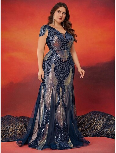  Mermaid  Trumpe Quinceanera Kjoler Elegant Kjole Formelle Bryllup Gulv længde Kort Ærme V Hals med Pailletter