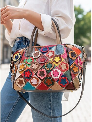  Dameshandtas van echt leer, met diverse draagopties, 3D-bloemenversiering, stijlvol en functioneel voor dagelijks gebruik of speciale gelegenheden.