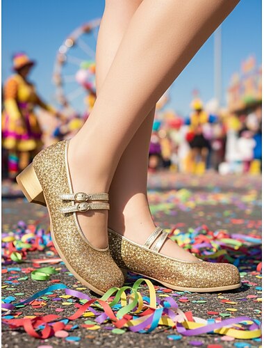  Vrouwen Mardi Gras Glitter Mary Jane Schoenen – Sprankelende Dubbel-Gehakte Laag Blok Hakken Feestelijke Carnavalsfeest Schoenen voor Parade Performers Dansers  Vieroutfits