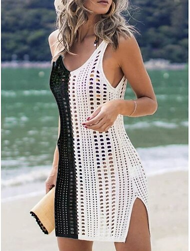  Damen Cover Up Badeanzug Kleid Cut Out Urlaub Strandbekleidung Einfarbiger V-Ausschnitt Ärmellose Bademode