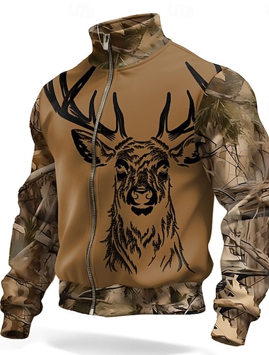  Herren Tarnung Hirsch Jacke Pullover Täglich Taktisch Jagd Stehkragen Outdoor Streetwear Party Schwarz Braun Khaki Reißverschluss Frühling Herbst Designer S M L XL XXL XXXL
