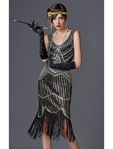  Goldene Zwanziger 1920er Knielang Kleid Flapper Kleid Abschlussballkleider Ärmellos Der große Gatsby Charleston Hochzeitsgast Pailletten Patchwork V Ausschnitt Kostüm Damen Weihnachten Karneval