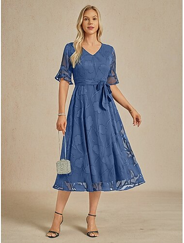  Damen Midikleid Chiffonkleid Elegant Flattrige Ärmel Täglich Hochzeitsgast Date Vorderknoten Spitze Tasche Blumen Halbarm V Ausschnitt Wedgewood
