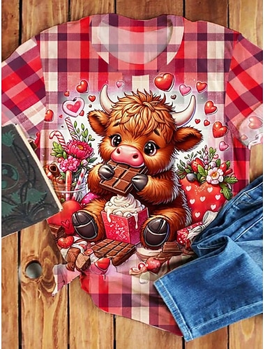  Valentinstag Damen T Shirt Druck Grafik Tiermotiv Karomuster Vintage Stilvoll Klassisch Kurzarm Rundhalsausschnitt Normale Oberteile Täglich Ausgehen Wochenende Weiß Rosa Rote Sommer Frühling