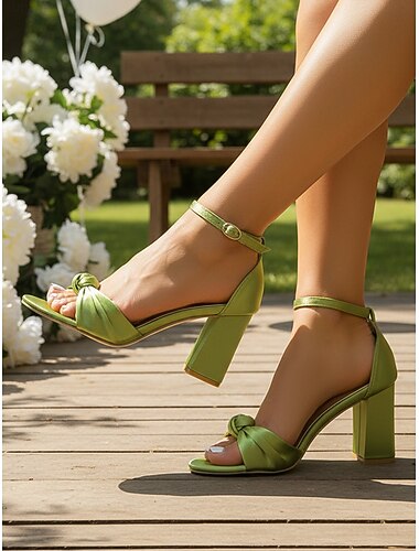  Groene satijnen sandalen met knoop en blokhak voor dames - elegante bruidsschoenen met enkelbandje voor bruidsmeisjes &gasten, stijlvolle comfortabele hakken voor in de tuin &buitenceremonies