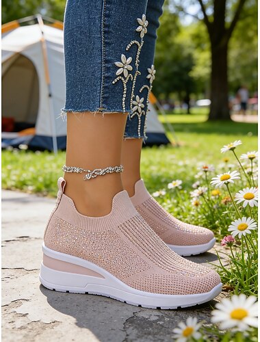  Γυναικεία αθλητικά παπούτσια με πλατφόρμα σε ροζ χρώμα με flyknit – κομψά, ελαφριά πλεκτά παπούτσια για περπάτημα, ψώνια, ταξίδια και καθημερινή χρήση