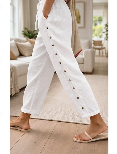  Damen Sommerhose 100% Baumwolle Hosen Hose Urlaub Streetwear Lässig Volle Länge Mittlere Taillenlinie Einfarbig Kordelzug Tasche Seitenknopf Bequem Atmungsaktiv Unelastisch Täglich Outdoor Straße