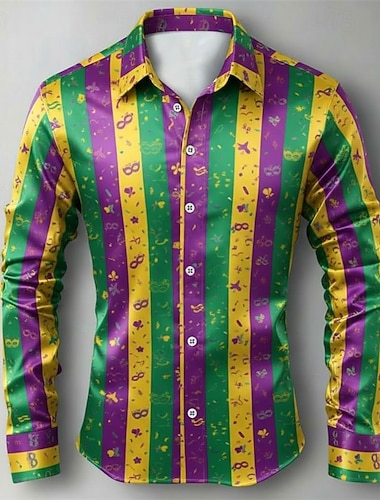  Camisa masculina de carnaval com estampa de máscara listrada e design clássico de listras, em cetim – estilo clássico de festival.