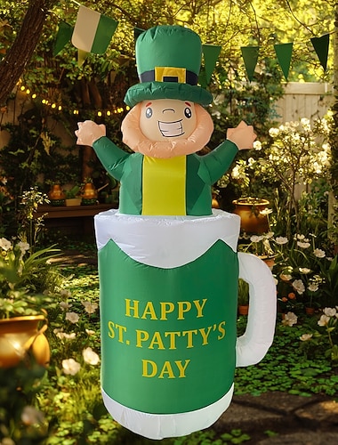  1,8 m große, aufblasbare irische St. Patrick's Day-Dekoration mit LED-Beleuchtung, Bierglas, grünem Elf, für drinnen und draußen, Hof, Wohnzimmer, Gartenparty, festliche Atmosphäre, dekorative