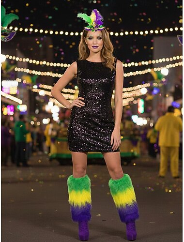  Vrouwen Mardi Gras Kleur Faux Bont Beenwarmers en Veer Hoofdband Set Festival Kostuum Accessoires voor St. Patrick's Day
