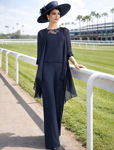  Broek 3-delig pak Tot de grond Moeder van de bruid jurk Mouwloos Met sieraad Elegant Grote maten Formeel Bruiloft gast Bruiloft Chiffon Kant met Appliqués