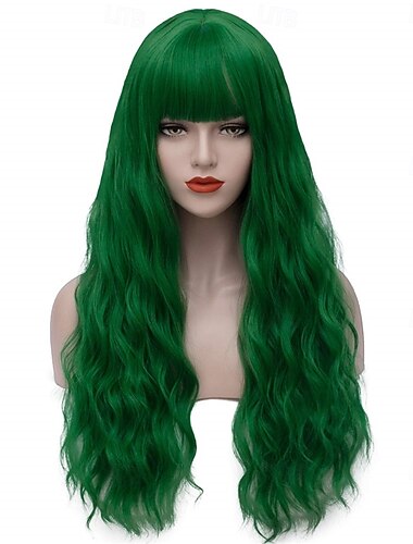  Perucas Verdes Peruca Sintética Cacheada com Franja Peruca Feita à Máquina Longo Cabelo Sintético Verde Mulheres Festa Natural Verde