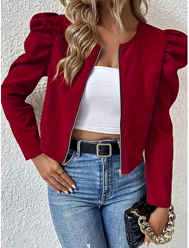  Damen Freizeitjacke Bequem Atmungsaktiv Reißverschluss Lässig Einfarbig Urlaub Straße Alltagskleidung Ausgehen Reisverschluss Kurz Rundhalsausschnitt Normale Passform Langarm Oberbekleidung Schwarz