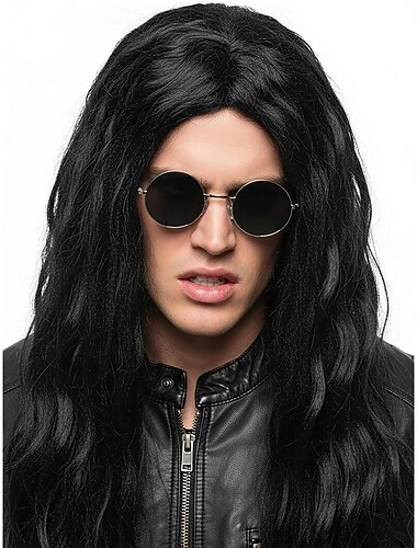  parrucca nera lunga per uomo con capelli neri ricci per feste a tema hippie