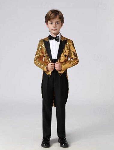  3-teiliger Ringträgeranzug, Jungen-Kinderanzug, Blazer & Hose  &Krawatte, Jungenanzug, lässig, für Outdoor-Partys, modisch, cool, Basic, einfarbig, blau, silber, schwarz, Polyester