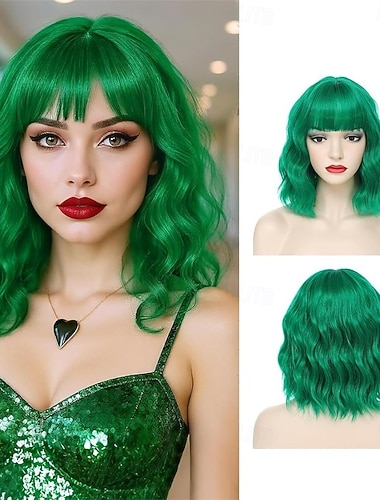  Pelucas Verdes Peluca Sintética Rizada con Flequillo Peluca Hecha a Máquina Corta Cabello Sintético Verde Mujeres Fiesta Natural Verde