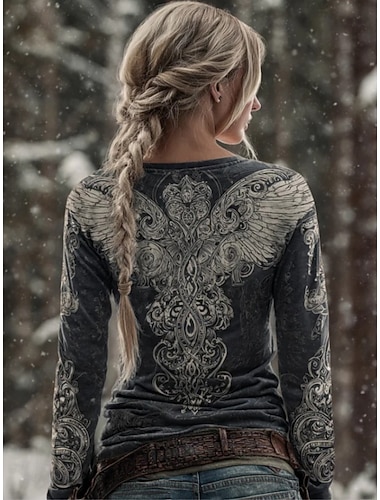  Női Póló Nyomtatott Grafika Régies (Vintage) Csehország Szüret Divat Hosszú ujj Terített nyak Normál felsők Napi Hétvége Sötétszürke Tavasz Ősz Tél