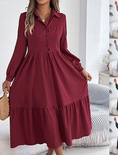  Dámské Midi šaty Áčkové šaty Na běžné nošení Denní Běžný Bez vzoru Dlouhý rukáv Klopa Vodní modrá Námořnická modř Fialová Trávová zelená Jaro