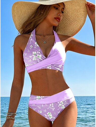  Női bikini 2 részes fürdőruha merész divatos stilizált virágos grafikával ellátott V nyakú ujjatlan fürdőruhák