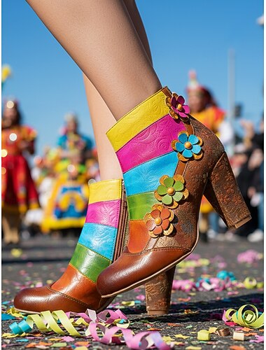  Dames Mardi Gras Kleurrijke Gestreepte Enkellaarsjes met Bloem Versieringen – Levendige Carnaval Stijl Perfect voor Feestelijkheden Parades en Feesten