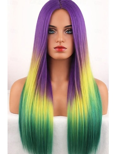  Peruca de carnaval longa e lisa, sintética, com as cores do arco-íris, ideal para festivais, desfiles de Mardi Gras e fantasias de cosplay.