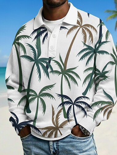  בגדי ריקוד גברים עץ דקל חולצות פולו וופל שרוול ארוך חולצות פולו דש הוואי בגדי ספורט ומנוחה לבוש יומיומי בגדי נופש הדפסת תלת מימד אביב סתיו חורף פול לבן צהוב