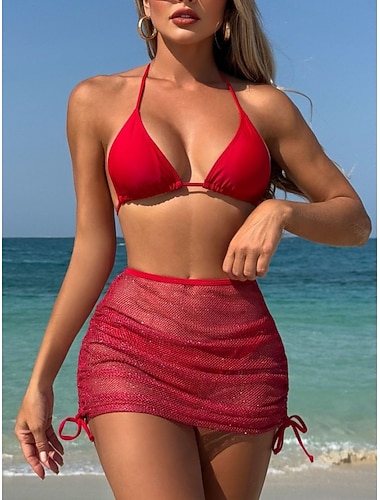  Damen Bikini 3-teilig Badeanzug Unterdraht Rock Schmal Rückenfrei Urlaubs Strandbekleidung Uni-Farbe Halter Hals Ärmellose Badeanzüge