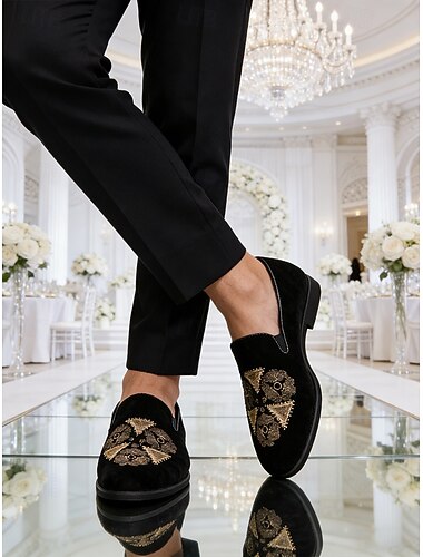  Chaussures homme en velours noir à enfiler avec détails brodés - chaussures élégantes et décontractées pour les soirées, les occasions spéciales et les mariages