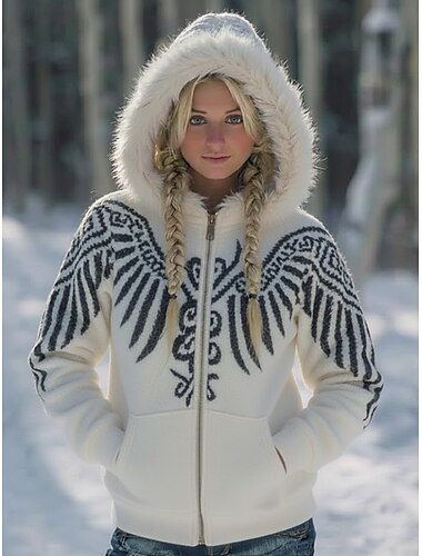  Damen Hoodies mit Reißverschluss Reißverschluss Grafik Tiermotiv Western Ethnisch Lässig Langarm Mit Kapuze Normale Oberteile Lässig Straße Schwarz Weiß Dunkelgrau Winter