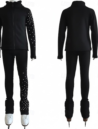  Kunstschaatsjas met broek, dames- en meisjesschaatsoutfit, zwart, elastisch, trainings- en wedstrijdschaatskleding, thermisch, warm, met kristallen/strass steentjes, lange mouwen, kunstschaatsen.