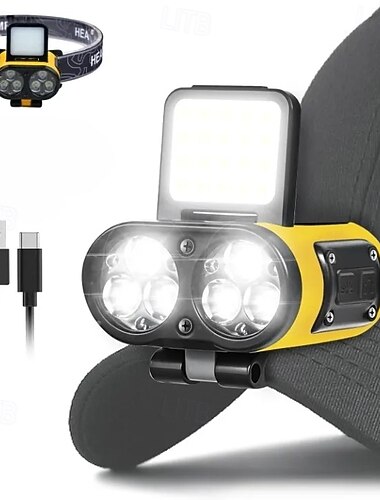  vielseitiger, drehbarer Scheinwerfer mit rotem Warnlicht &Weißer Laserdocht, 90° verstellbarer Strahl, USB-C-Ladeanschluss, freihändiger Hutclip für Arbeiten im Freien, Wandern und Notfälle