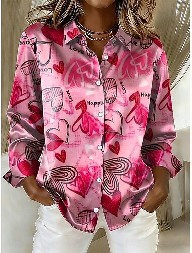  Valentinstag Damen Hemd Herz Grafik Vintage Stilvoll Modern Langarm Hemdkragen Normale Oberteile Täglich Ferien Blau Rote Purpur Grün Frühling Winter