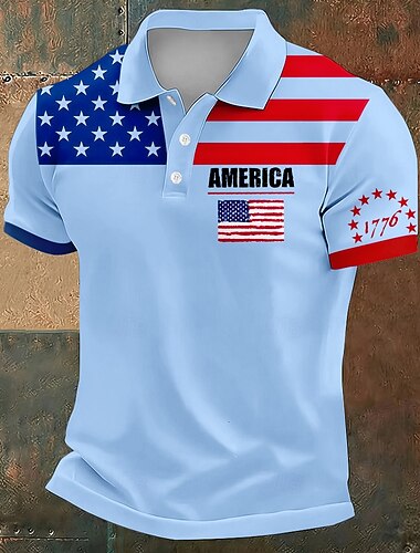  4 ביולי 2026, ה-250 בגדי ריקוד גברים דגל אמריקה פּוֹלוֹ שרוולים קצרים חולצות פולו דש יום יומי בגדי ספורט ומנוחה לבוש יומיומי בגדי פסטיבלים הדפסת תלת מימד כפתורים קיץ פול לבן סגול