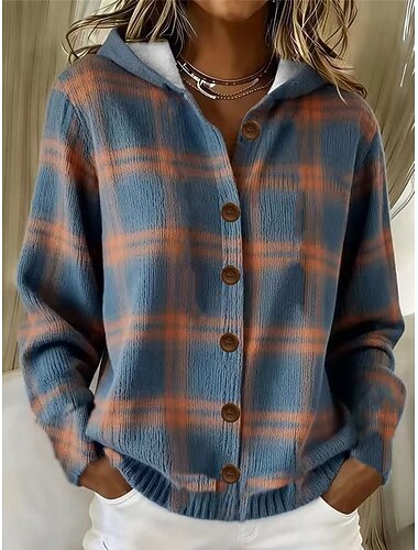  Damen Strickjacke Lässig Geometrisch Kariert V Ausschnitt Mit Kapuze Druck Langarm Normale Oberteile Stricken Täglich Ferien Blau Frühling Herbst